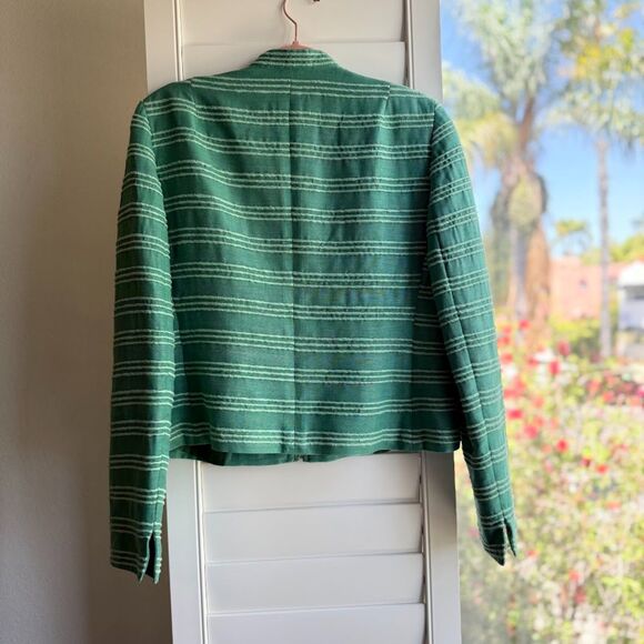 Akris Punto 100% Silk Tailored Cropped Jacket in Striped Green size 10 M - Picture 2 of 16